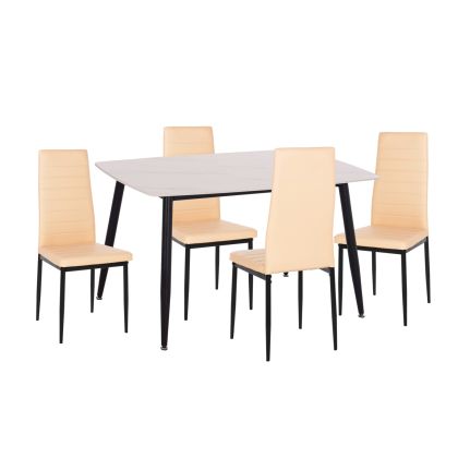 DINING SET 5PCS RAVEN HM21266.01 CERAMIC TOP WHITE MARBLE--PU IN CREAM WHITE