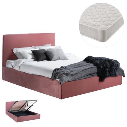 DOUBLE BED WITH MATTRESS ALLIE HM21273.02 DUSTY PINK VELVET WITH STORAGE SPACE--FOR 160x200cm.
