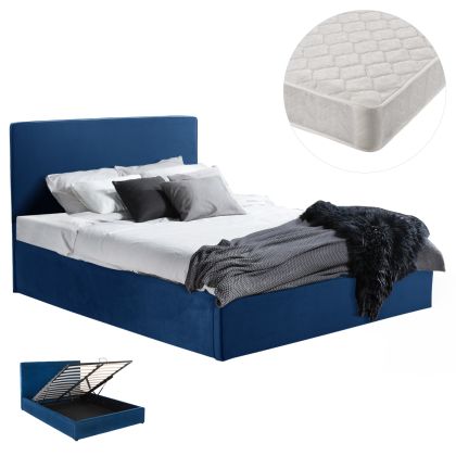 DOUBLE BED WITH MATTRESS ALLIE HM21273.04 BLUE VELVET WITH STORAGE SPACE--FOR 160x200cm.