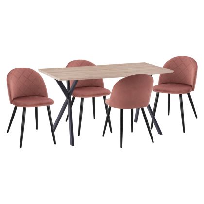DINING SET 5PCS ALARICK HM21277 MDF TOP--VELVET IN DUSTY PINK & METAL IN BLACK
