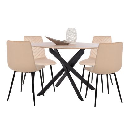 DINING SET 5PCS ROSARIO HM21278 MDF ROUND TOP--VELVET IN ECRU & METAL IN BLACK