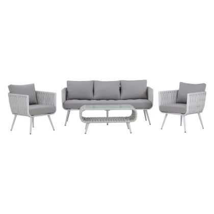 OUTDOOR LOUNGE SET 4PCS VARNAMO HM5282.12 ALUMINUM IN WHITE-STRAP ROPE IN GREY-TEMPERED GLASS