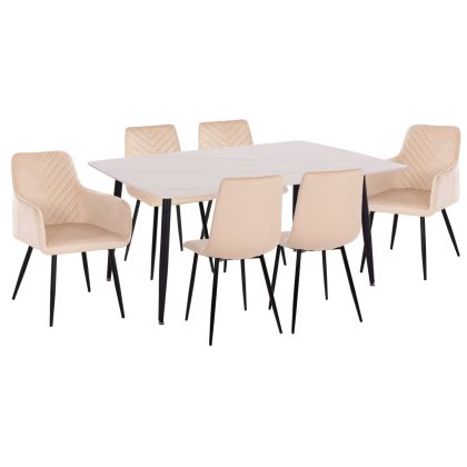 DINING SET 7PCS RAVEN HM21070.01 CERAMIC TOP--4 CHAIRS & 2 ARMCHAIRS ECRU