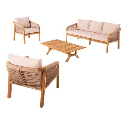 OUTDOOR LOUNGE SET 4PCS ROSSWELL HM6084.02 ACACIA WOOD-ROUND ROPE-BEIGE CUSHIONS