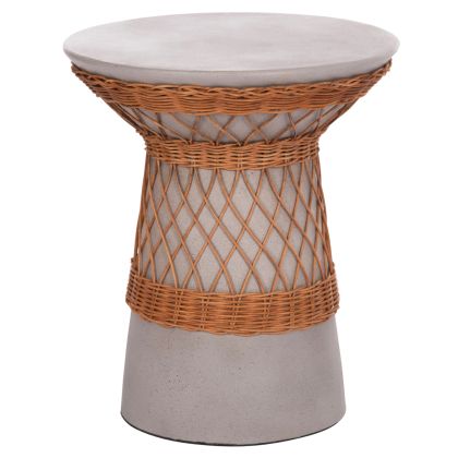 SIDE TABLE ROUND DELIA HM18167.03 FIBER CEMENT GREY & RATTAN Φ40x45Hcm.