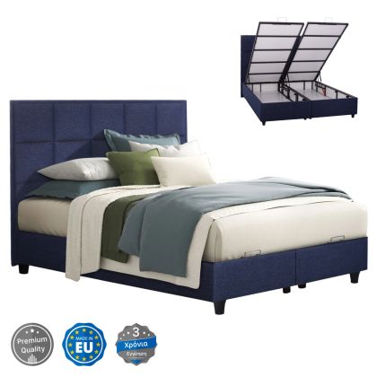 ALBA bed, blue fabric, for mattress 160x200, quilted headboard, with 2 underlays instead of bed boards, storage space