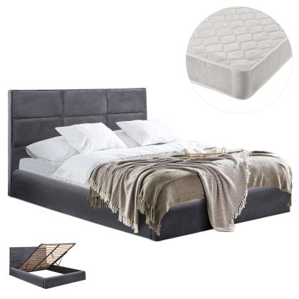 DOUBLE BED WITH MATTRESS BRILEY HM21272.01 GREY VELVET WITH STORAGE SPACE--FOR 160x200cm
