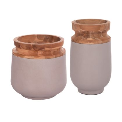 DECORATIVE FLOOR VASES 2PCS LINTER HM21140.04 FIBER CEMENT IN TAUPE-TEAK WOOD 47H & 60Hcm.