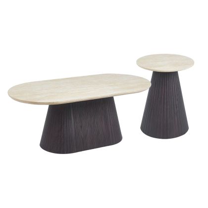 SET 2PCS COFFEE TABLES CATER HM21260 CERAMIC TOP WITH TRAVERTINE STONE LOOK--MDF BASE IN BROWN