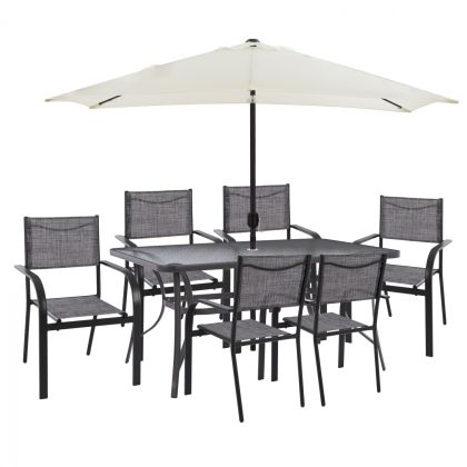 DINING SET WITH UMBRELLA 8 PCS GRAY TABLE 150X90 AND ARMCHAIR HM11533.10