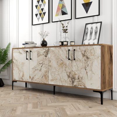 BUFFET MELAMINE ECRU MARBLE LOOK AND WALNUT 180x35x78Hcm.HM9428.02