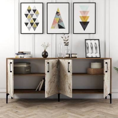 BUFFET MELAMINE ECRU MARBLE LOOK AND WALNUT 180x35x78Hcm.HM9428.02