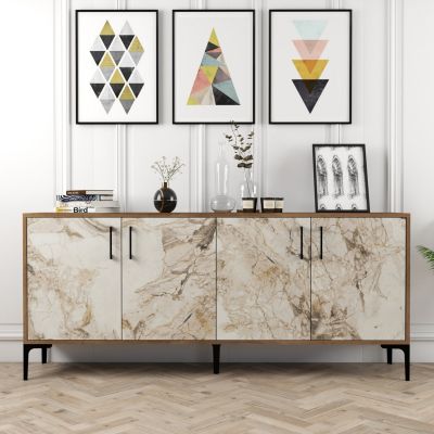BUFFET MELAMINE ECRU MARBLE LOOK AND WALNUT 180x35x78Hcm.HM9428.02
