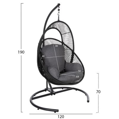 HANGING NEST RULER HM6083 BLACK METAL AND SYNTH.RATTAN-GREY CUSHIONS 120x110x190Hcm.