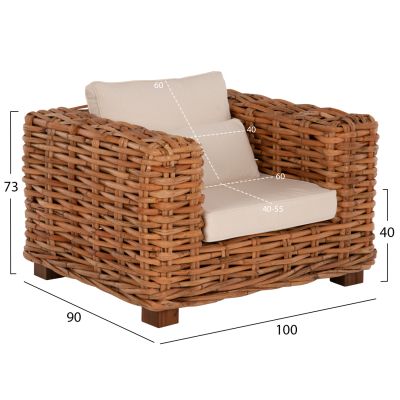 OUTDOOR LOUNGE SET 4PCS TROPEL HM9656 NATURAL RATTAN-MAHOGANY WOOD-WHITE CUSHIONS