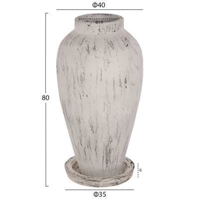DECORATIVE FLOOR VASE WITH SAUCER-BASE LAUREL HM7938 TERRACOTTA IN WHITE PATINA Φ40x80Hcm.