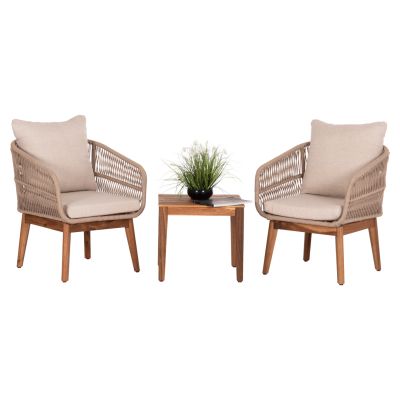 OUTDOOR LOUNGE SET 3PCS RUTH HM6229 ACACIA WOOD--ROPE-METAL FRAME-CUSHIONS IN BEIGE