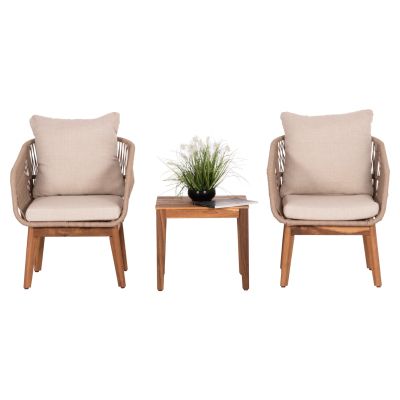 OUTDOOR LOUNGE SET 3PCS RUTH HM6229 ACACIA WOOD--ROPE-METAL FRAME-CUSHIONS IN BEIGE