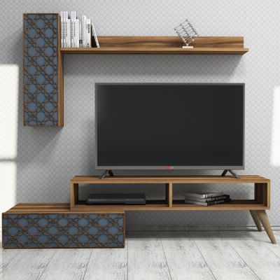 TV FURNITURE SET HM9518.01 MELAMINE IN WALNUT AND SKY BLUE 150x37.2x37.8Hcm.