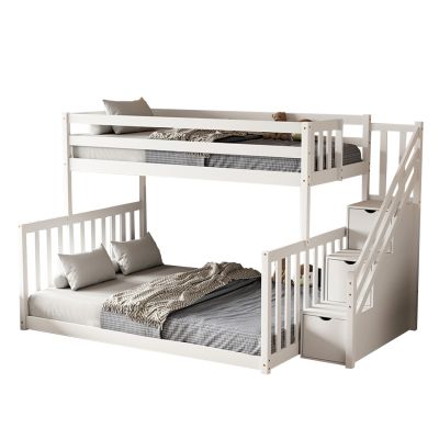 KID'S BUNKBED t.MONTESSORI BEAMER HM711.03 PINE WOOD IN WHITE-MATTRESSES 90-140x190cm.