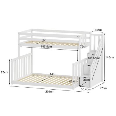KID'S BUNKBED t.MONTESSORI BEAMER HM711.03 PINE WOOD IN WHITE-MATTRESSES 90-140x190cm.