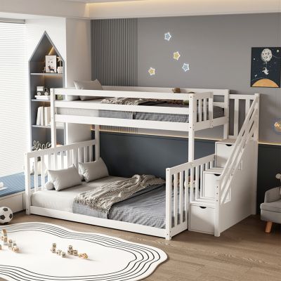 KID'S BUNKBED t.MONTESSORI BEAMER HM711.03 PINE WOOD IN WHITE-MATTRESSES 90-140x190cm.