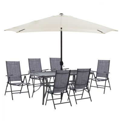 DINING SET 8PCS TABLE 150x90, FOLDABLE ARMCHAIRS & UMBRELLA BEIGE GRAY HM11480