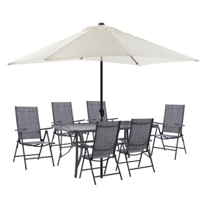 DINING SET 8PCS TABLE 150x90, FOLDABLE ARMCHAIRS & UMBRELLA BEIGE GRAY HM11480