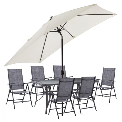 DINING SET 8PCS TABLE 150x90, FOLDABLE ARMCHAIRS & UMBRELLA BEIGE GRAY HM11480