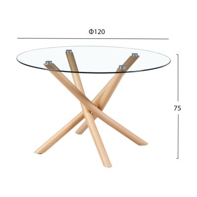 DINING TABLE NOTION HM9474.01 ROUND GLASS-METAL LEGS IN NATURAL WOOD COLOR Φ120x75Hcm.