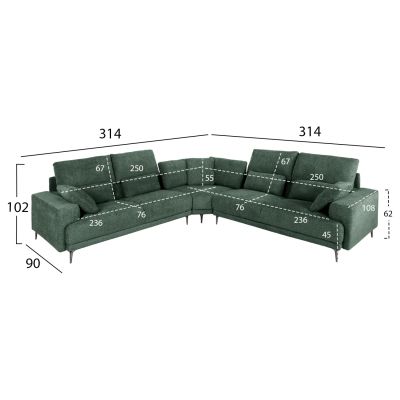 CORNER SOFA SYMMET HM3269.05 GREEN FABRIC-GLOSSY ANTHRACITE LEGS 314x314x90-102Hcm.