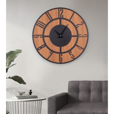 METAL MDF WALL CLOCK BLACK - WALNUT HM7444 Φ50 cm.