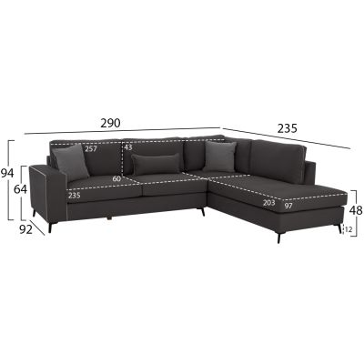 Ъглов диван ДИВА, сив, висок крак, 2бр, десен ъгъл