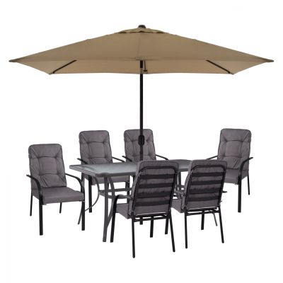 DINING SET 8PCS TABLE, GRAY ARMCHAIRS & MOCHA GRAY UMBRELLA HM11476