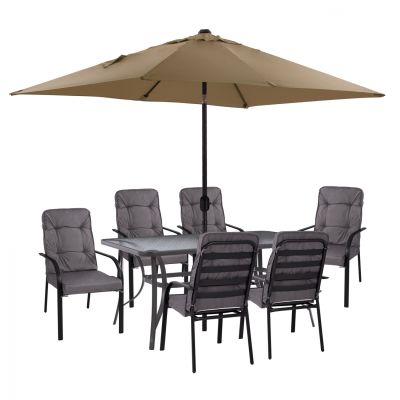 DINING SET 8PCS TABLE, GRAY ARMCHAIRS & MOCHA GRAY UMBRELLA HM11476