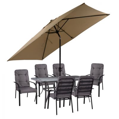 DINING SET 8PCS TABLE, GRAY ARMCHAIRS & MOCHA GRAY UMBRELLA HM11476