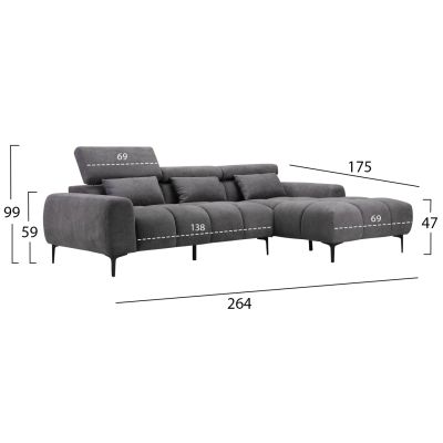 CORNER SOFA RIGHT DIVYA HM3267.02R SYNTHETIC SUEDE IN GREY 264x175x99Hcm.