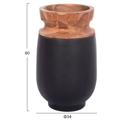 DECORATIVE FLOOR VASE LINTER HM4662.01S FIBER CEMENT IN BLACK--TEAK WOOD Φ34x60Hcm.