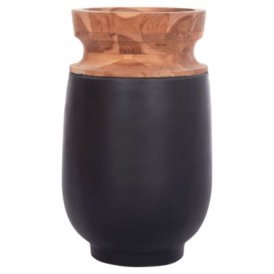 DECORATIVE FLOOR VASE LINTER HM4662.01S FIBER CEMENT IN BLACK--TEAK WOOD Φ34x60Hcm.