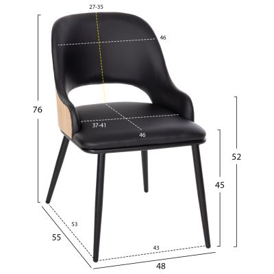 DINING CHAIR DELF HM9617.01 PU BLACK-BLACK METAL LEGS-WOODEN BACK IN NATURAL 48x55x76Hcm.