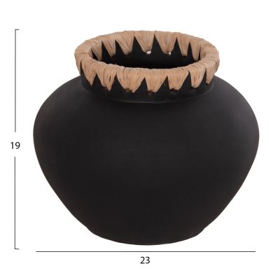 DECORATIVE VASE RENTON(S) HM4733 TERRACOTTA IN BLACK-STRAW WEAVING ON THE RIM Φ23x19Hcm.