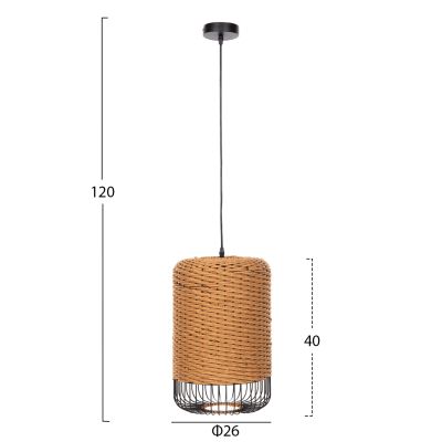 CEILING PENDANT LAMP HM4340 SAND BEIGE PAPER ROPE-BLACK METAL FRAME Φ26x40-120Hcm.