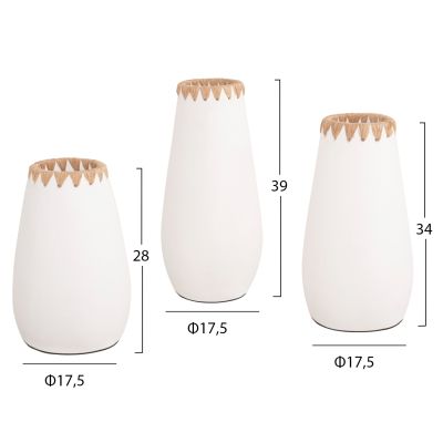 SET 3PCS DECORATIVE VASES HM4373 TERRACOTTA IN WHITE WITH STRAW WEAVING ON THE RIM