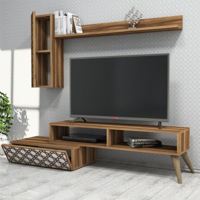 TV FURNITURE SET HM9518.04 MELAMINE IN WALNUT AND WHITE COLOR 150x37.2x37.8Hcm.