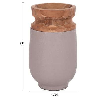 DECORATIVE FLOOR VASE LINTER HM4662.05S FIBER CEMENT IN GREY MATTE--TEAK WOOD Φ34x60Hcm.