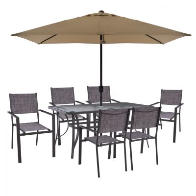 DINING SET 8PCS TABLE 150x90 WITH ARMCHAIR TEXTILINE GRAY & UMBRELLA 262x170 HM11469