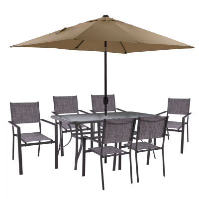 DINING SET 8PCS TABLE 150x90 WITH ARMCHAIR TEXTILINE GRAY & UMBRELLA 262x170 HM11469