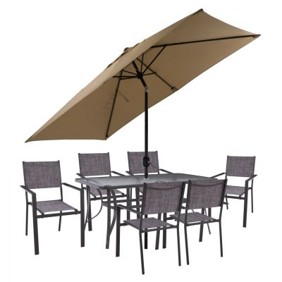DINING SET 8PCS TABLE 150x90 WITH ARMCHAIR TEXTILINE GRAY & UMBRELLA 262x170 HM11469