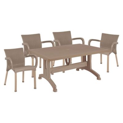 Set 5 pieces Table & polypropylene chairs rattan in cappuccino color HM10582.02