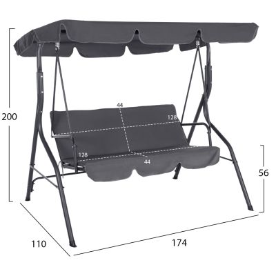 PORCH SWINGER 3-SEATER WITH SUNSHIELD LIKID HM5979.01 METAL FRAME AND FABRIC IN GREY 170x110x153Hcm.